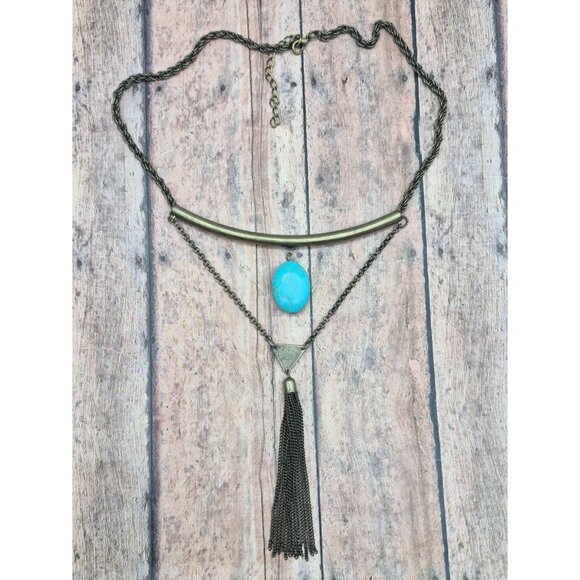 Dark Brushed Gold Tone Statement Collar Necklace Drop Faux Turquoise Western - Picture 8 of 8